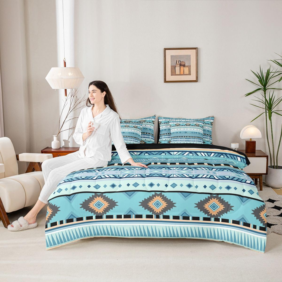 Erosebridal White Blue Aztec Bohemian Full Comforter Set 7 Pieces | Southwestern Farmhouse Bed in A Bag for Bedroom Tribal Cowboy Cowgirl Bedding Set with Comforters Adults Boho Room Decor