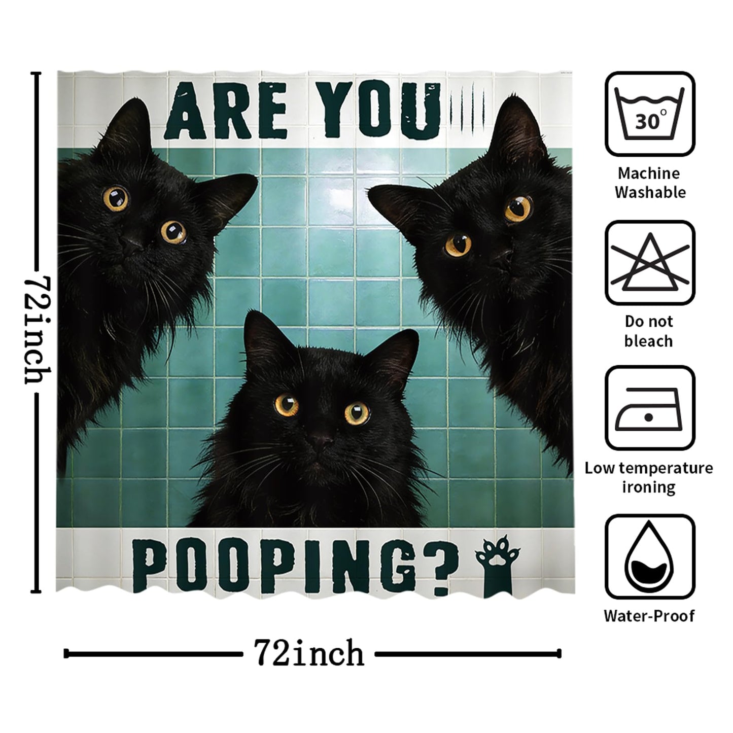 MEHOFOND Funny Cat Shower Curtain Cute Fun Black Cats Green Tiles Shower Curtain for Bathroom are You Pooping Bathtub Decor Fabric Waterproof Washable Bath Curtain 72x72 Inch