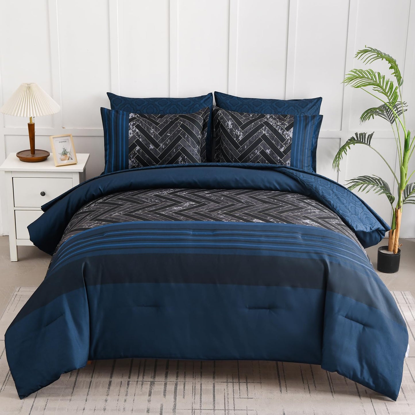 Luxudecor Navy Blue Comforter Set King Size, 7 Pieces Stripe Geometric Bed in a Bag, Soft Microfiber Navy Comforter and Sheet Set Complete Bedding Sets for All Seasons 104"×90"
