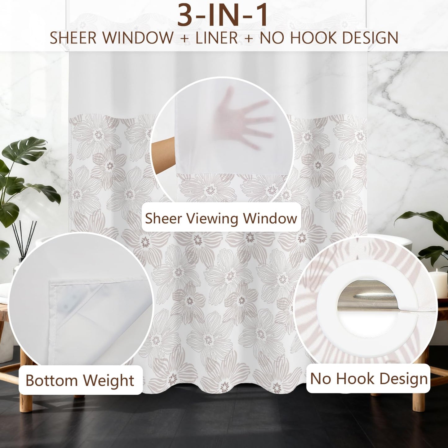No Hook Shower Curtain with Snap in Fabric Liner Set, Waterproof & Washable, Boho Soft Tan Paisley Floral Shower Curtains for Bathroom, Elegant Neutral Modern Hotel Flower Bathroom Curtain, 71x74 inch