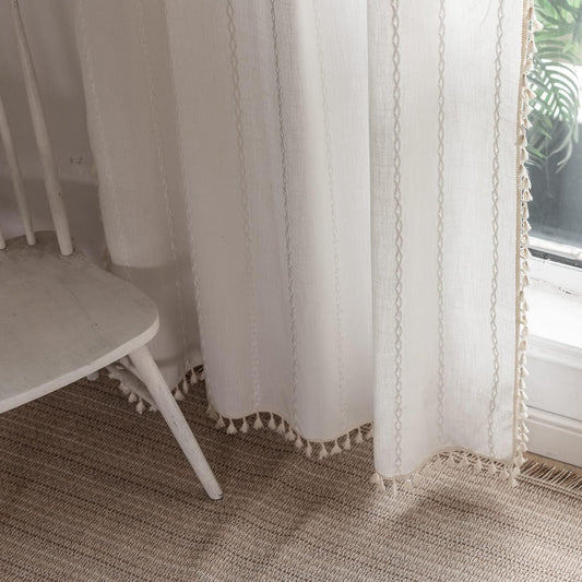 BCLBUSTE Boho Curtains Semi-Blackout 84 Inch 2 Panels for Living Room, Linen Tassels Farmhouse Curtains with Embroidery for Bedroom Rod Pocket Draperies 52" W x 84" L, Off White