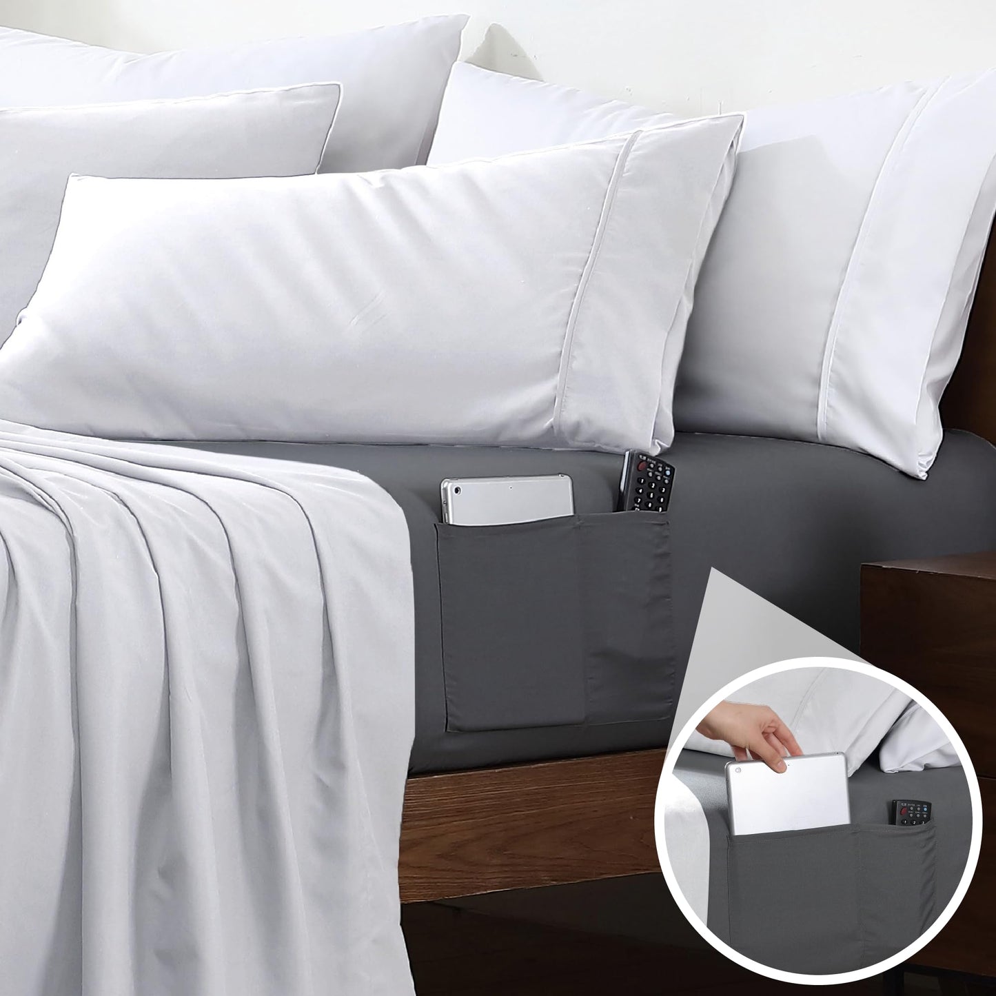 Cathay Home Queen Fitted Sheet with Double-Sided Pockets - 14" Deep Pocket Microfiber Sheet, Double Brushed Ultra Soft Bed Sheet, Wrinkle & Fade Resistant, Grey