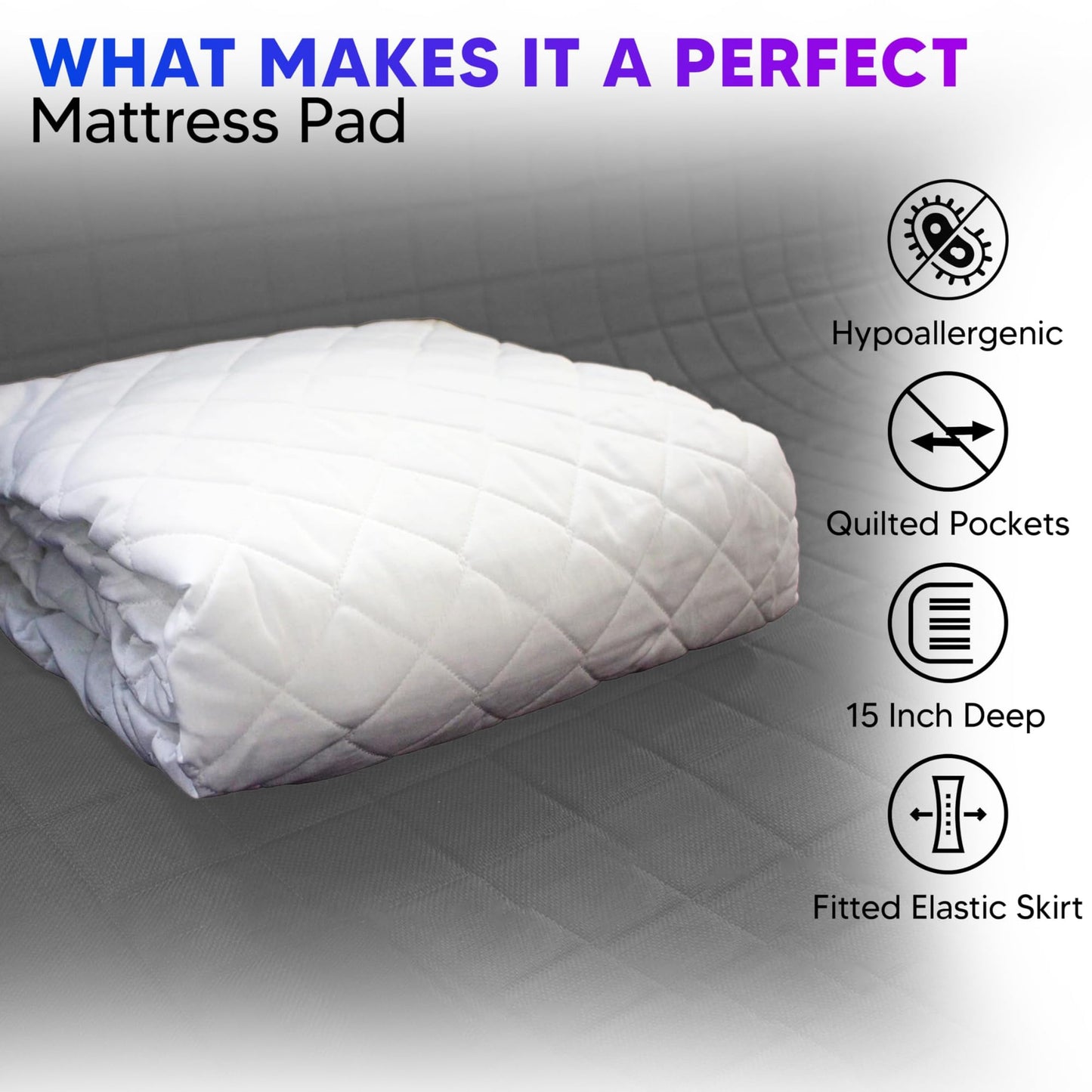 Express Supplies Quilted Fitted Waterproof Mattress Pad - 15 Inch Deep, Non-Allergic, Hollow Fibre Polyester Filling - Machine Washable Mattress Pad, Elastic Fitted Mattress Topper (Queen Pad)