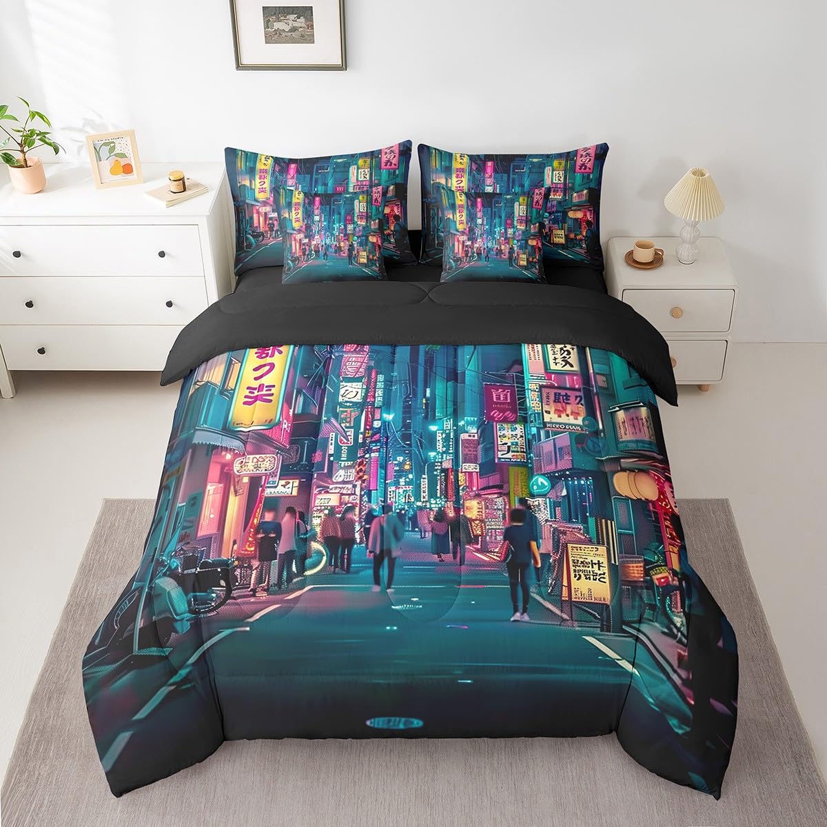 Feelyou Japanese Art Comforter Set 7 Pieces Full Size Tokyo Anime Bedding Set for Boys Girls Japan Night City Bed in a Bag with Comforter, Sheets, Pillowcases & Cushion Covers