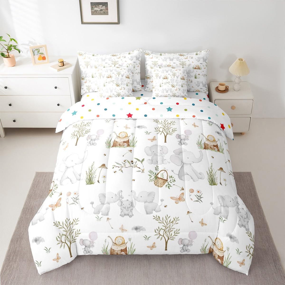 Erosebridal Kids Elephant Twin 7 Piece Comforter Set for Boys Girls Nursery Cute Cartoon Animals Bedding Set Woodland Snails Wildlife Comforter Elephant Family Stump Butterfly Trees Flat Fitted Sheet