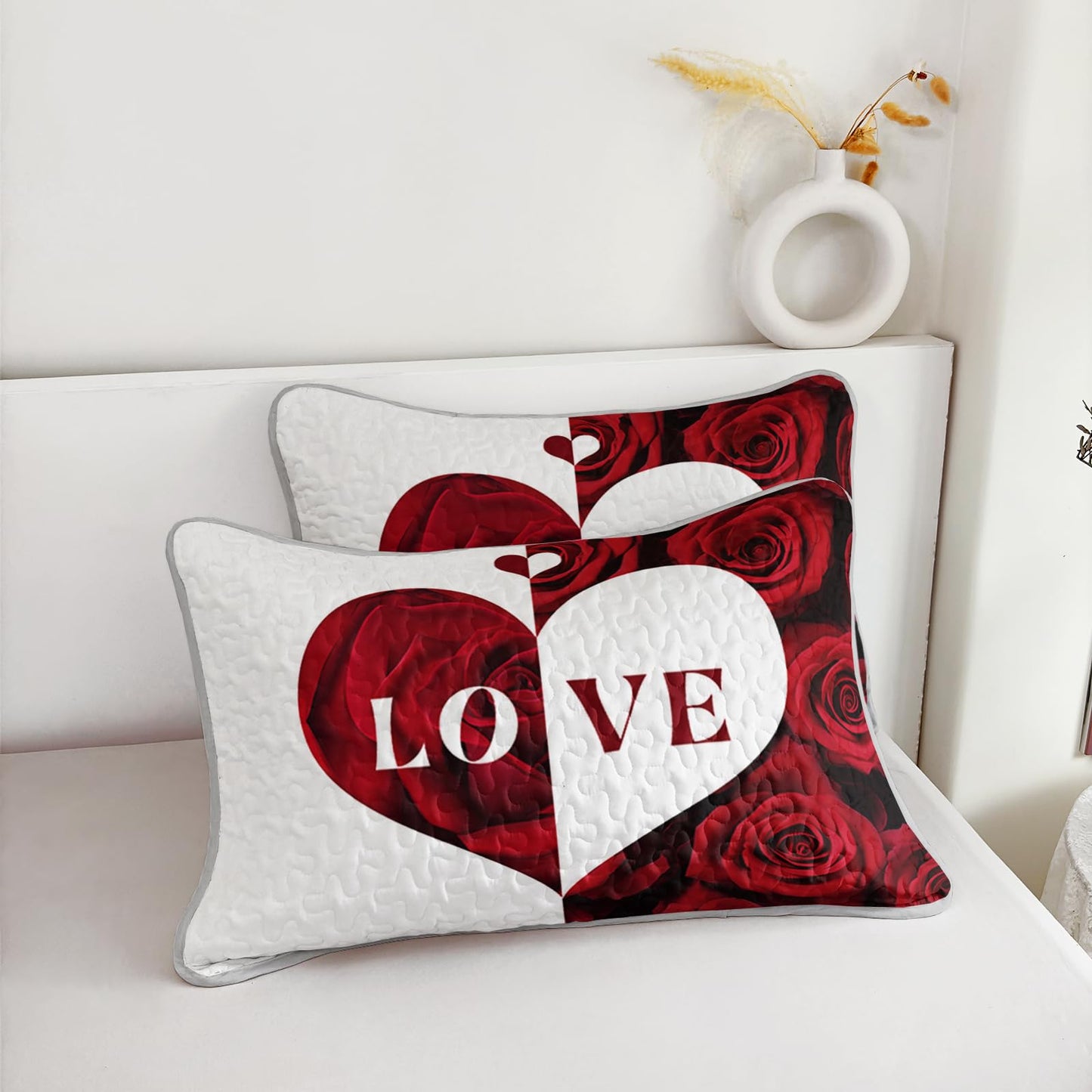 AILONEN Red Rose Bedding Quilt Set King Size - Red & White Flower Bedspread Coverlet Soft Lightweight - 3 Pieces Romantic Hearts Lover Quilt & 2 Pillowcases