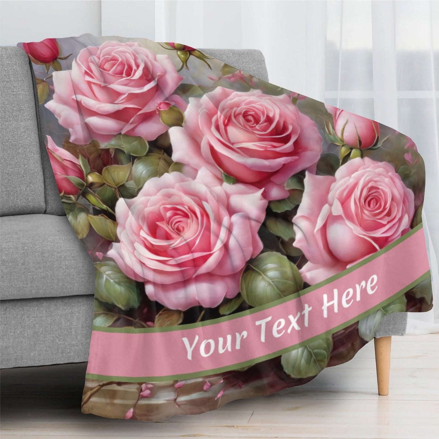 Personalized Blanket Pink Rose, Ultra Soft Micro Flannel Blanket for Bed Couch Living Room Valentine's Day, 30" x 40"