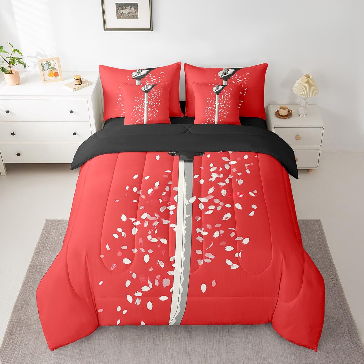 Erosebridal Samurai Sword Comforter Set Twin,Cherry Blossom Bedding Set 7Pcs for Kids Boys Men,Red White Flower Floral Bed in a Bag