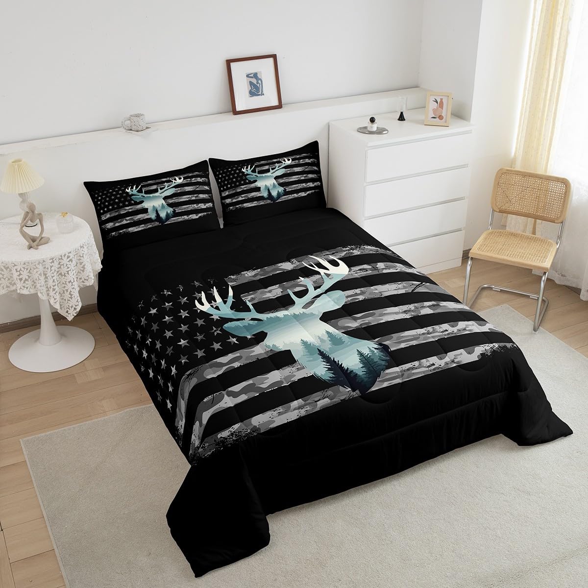 Feelyou Deer Hunting Comforter Set Full, Camo Deer Hunting Bedding Set for Kids Forest Smoky Deer Comforter American Flag Deer Duvet Set with 2 Pillow Case