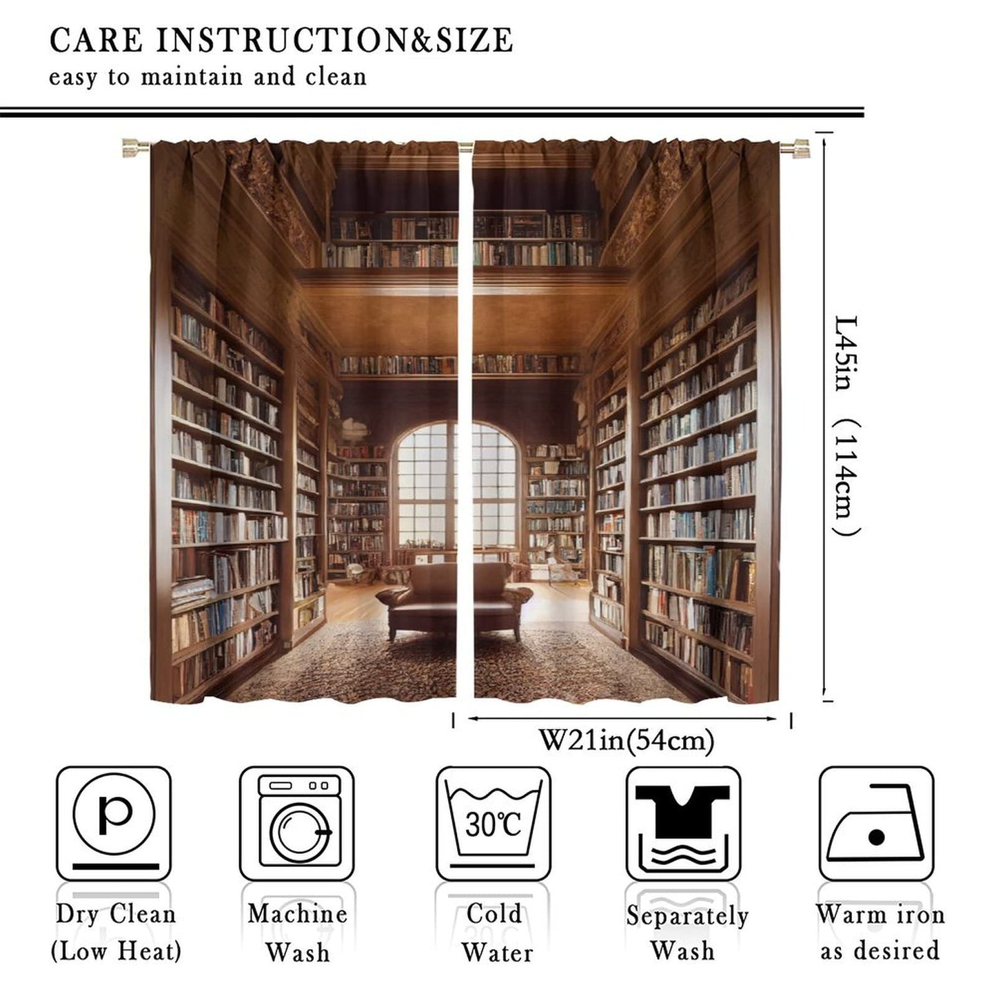 Bookshelf Curtains, Vintage Library with Books Window Treatments for Kids Bedroom, Wooden Wooden Antique Bookcase Drapes 2 Panel Sets,42x45 Inch