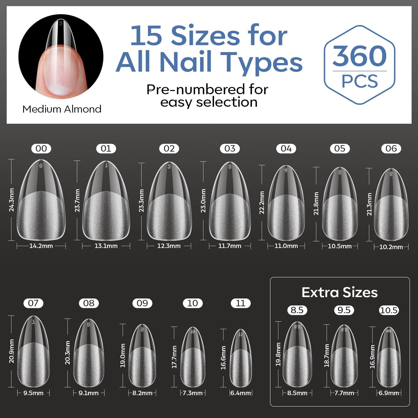 modelones Medium Almond Gel Nail Tips, 360pcs Pre-etched Clear Fake Nails Press On Full Cover Half Matte 15 Sizes Acrylic Gel Tips for Extension Salon