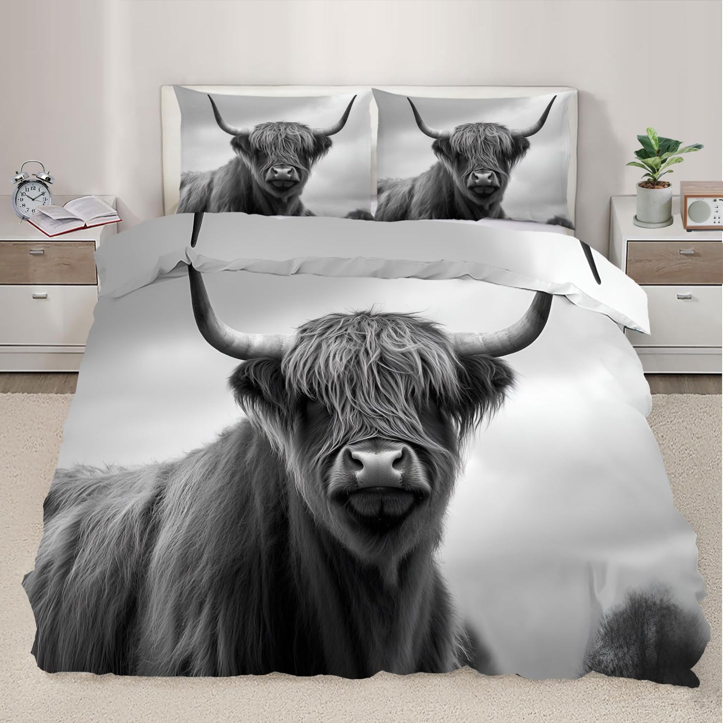 PAISUOQ Farmhouse Cow Bedding, Highland Cattle Duvet Cover Full, Western Animal Comforter Cover with Zipper Ties, 3 Pieces with 2 Pillowcases, Home Decor & Gifts