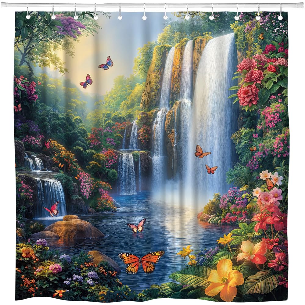 ZFMRZF Forest Waterfall Shower Curtain Butterfly Spring Jungle Rainforest Wonderland Fantasy Tropical Fairy Tale World Flower Nature Landscape Bathroom Polyester Curtains Set with Hooks 70x70 Inch