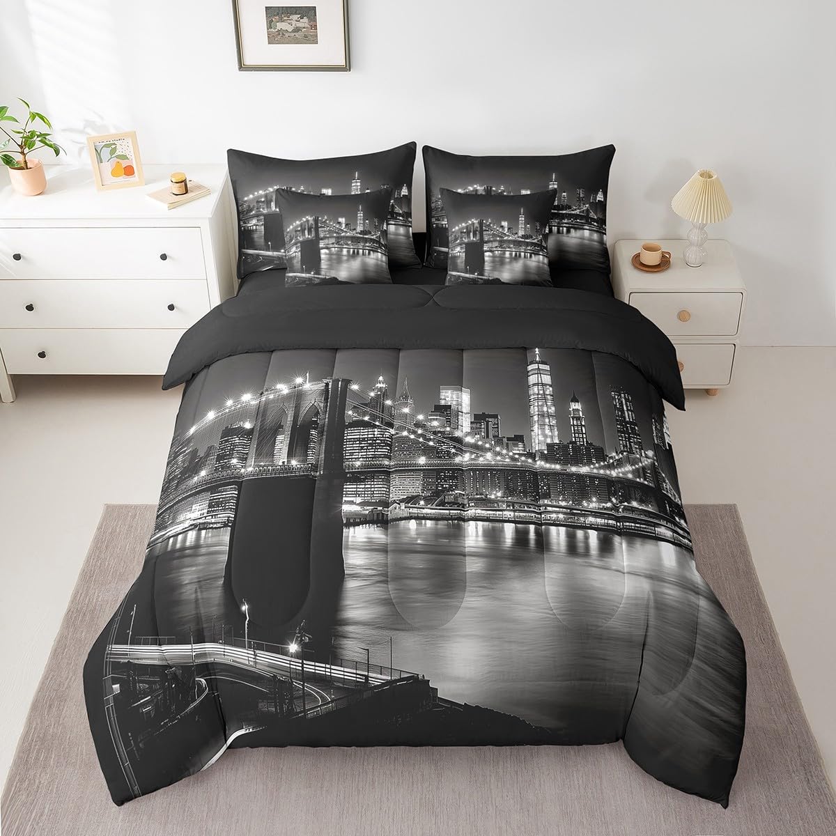 jejeloiu Cityscape Bed Set Twin Size Modern Bridge 7 Pieces Bedding Set for Kids Boys Girls Tall Building Decor Bed in a Bag with Comforter, Sheets, Pillowcases Breathable Lighting Bedroom Decor
