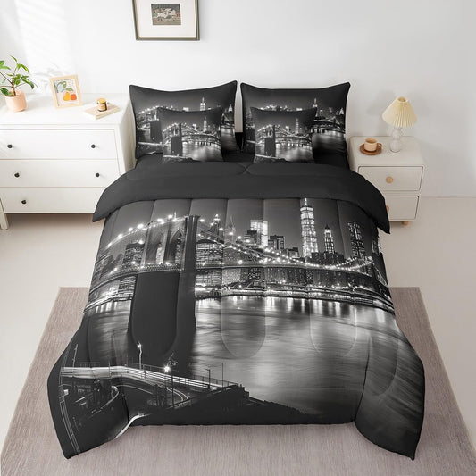 jejeloiu Cityscape Bed Set Twin Size Modern Bridge 7 Pieces Bedding Set for Kids Boys Girls Tall Building Decor Bed in a Bag with Comforter, Sheets, Pillowcases Breathable Lighting Bedroom Decor