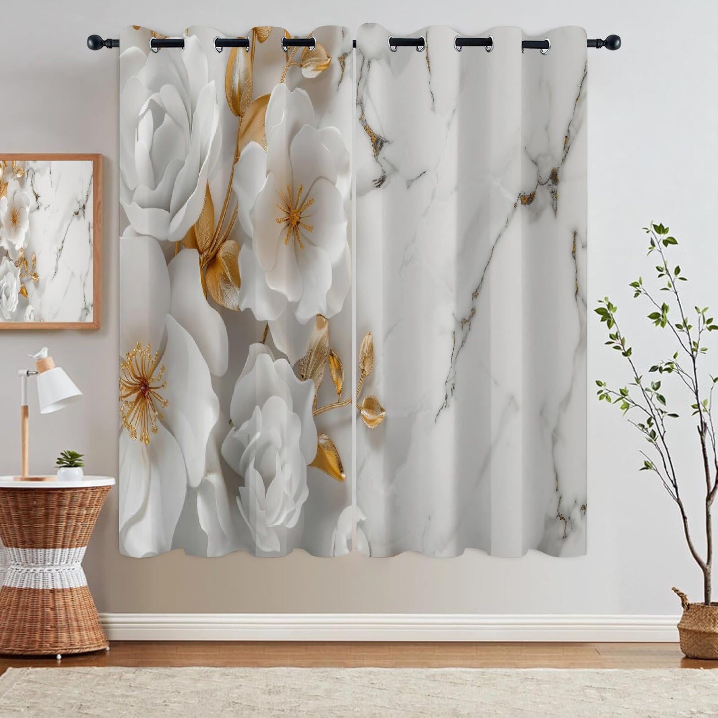 White Elegant Flowers Blackout Curtains, Golden Bright Leaves 3D Print Drapes Set of 2 Panels, Grommet Thermal Insulated Darkening Window Drapes for Living Room Bedroom(84" W x 84 "L)