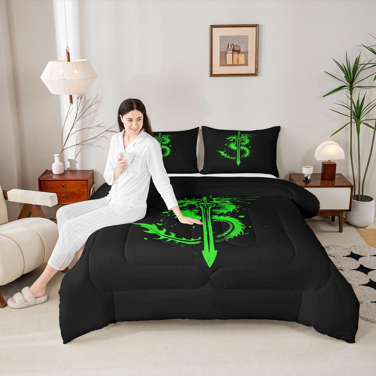 jejeloiu Fairy Dragon Kids Comforter Set Toddler Size Mysterious Western Wlidlife Bedding Set Sword Green Duvet Quilt for Kids Boys Girls Bedroom Decor Microfiber Ultra Soft Breathable