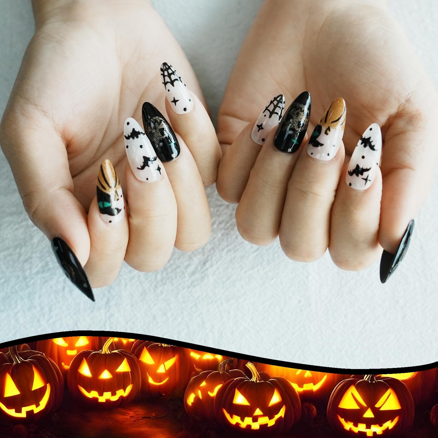 Tesytto 10pcs Handmade Press on Nails Almond - Halloween 3D Bat & Pumpkin Designs, Black White Cobweb Reusable Acrylic Nails for Women (Spooky Vibes,M)