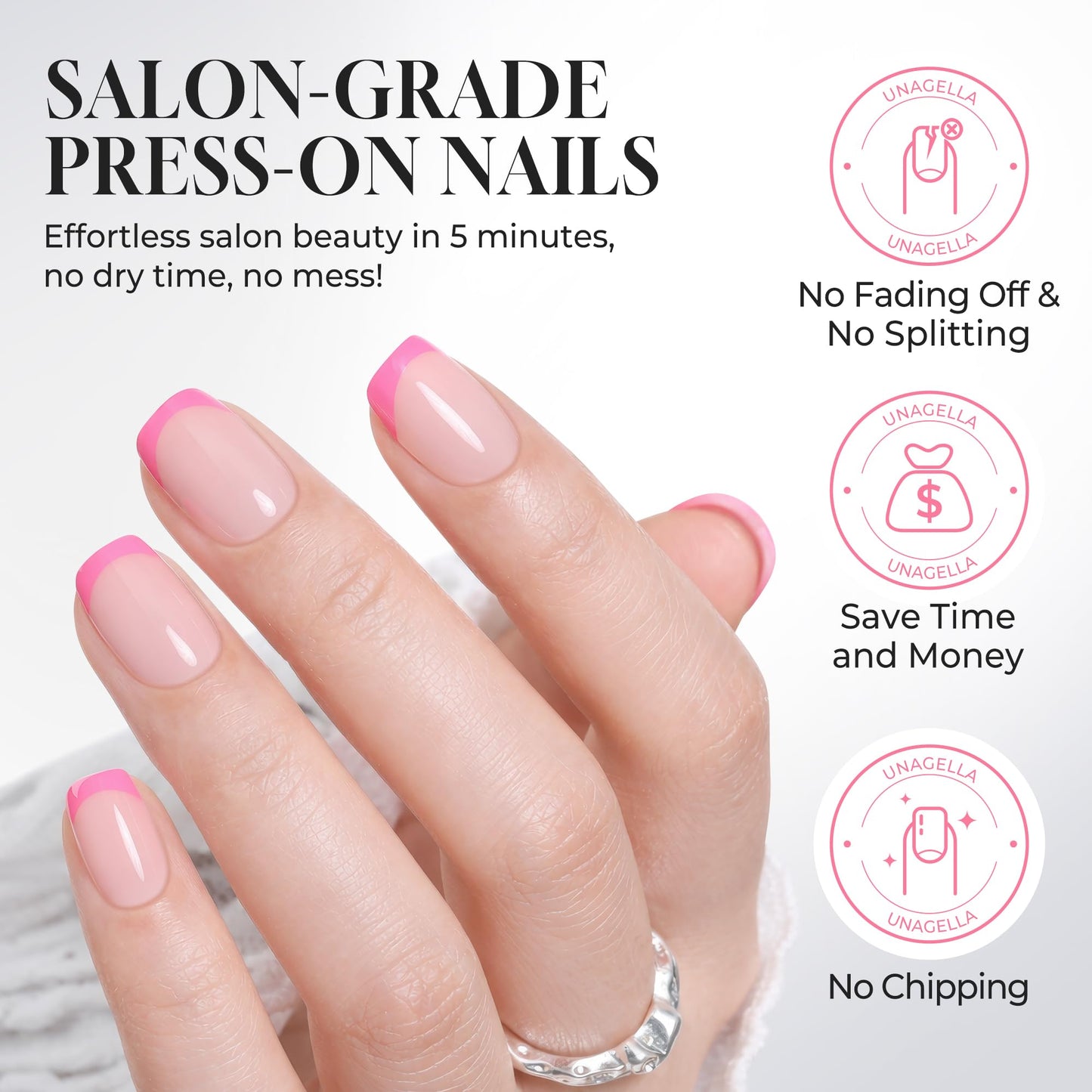 UNA GELLA 32Pcs Soft Gel Press on Nails - 16 Sizes Hot Pink French Tip Short Square Glue on Nails, Reusable Nude Pink False Nails, Full Cover Acrylic Nail Kit for Women DIY Home Manicure