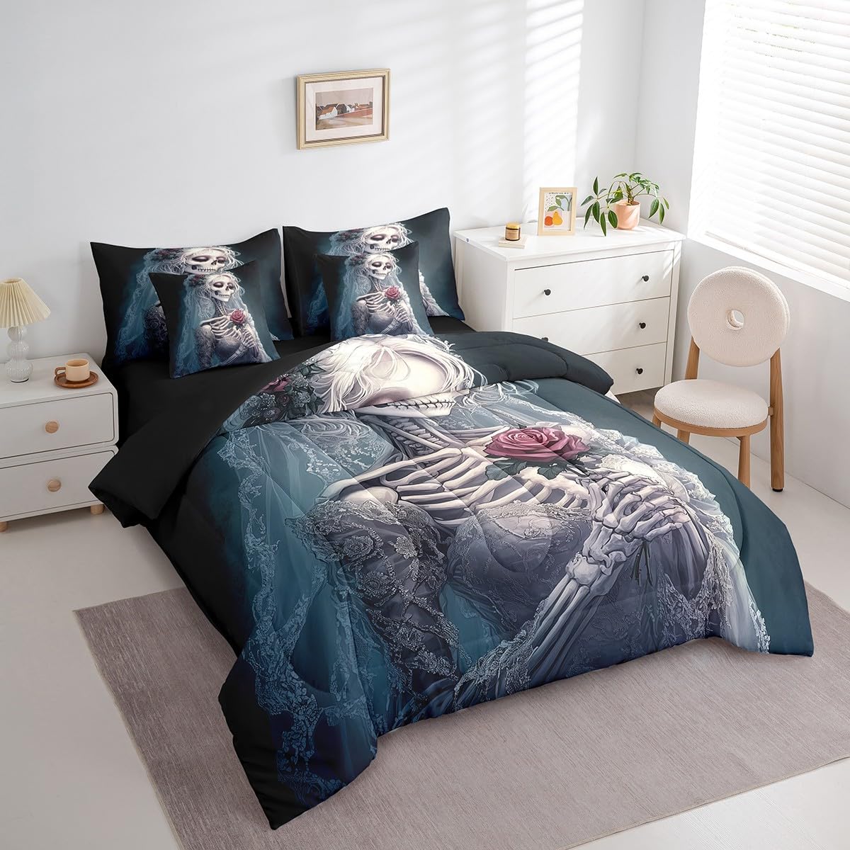 Erosebridal Roses Skull 7 Piece Bedding Set Skeleton Bride Bed in A Bag Wedding Anniversary Valentines Day Comforter Set Full Size for Adults Men Women,Romantic Flowers Skull Bed Set