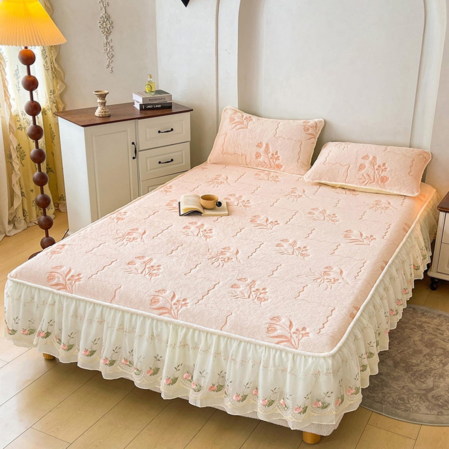 Elastic Bed Sheets, Ultra Thick & Soft Fluffy Velvet Velvet Fitted Sheet, Thickened Luxury Bottom Sheet, Bedsheet Bed Sheet Mattress Protector, Machine Washable and Non-Fade(Pink B,2*Pillow Cover)