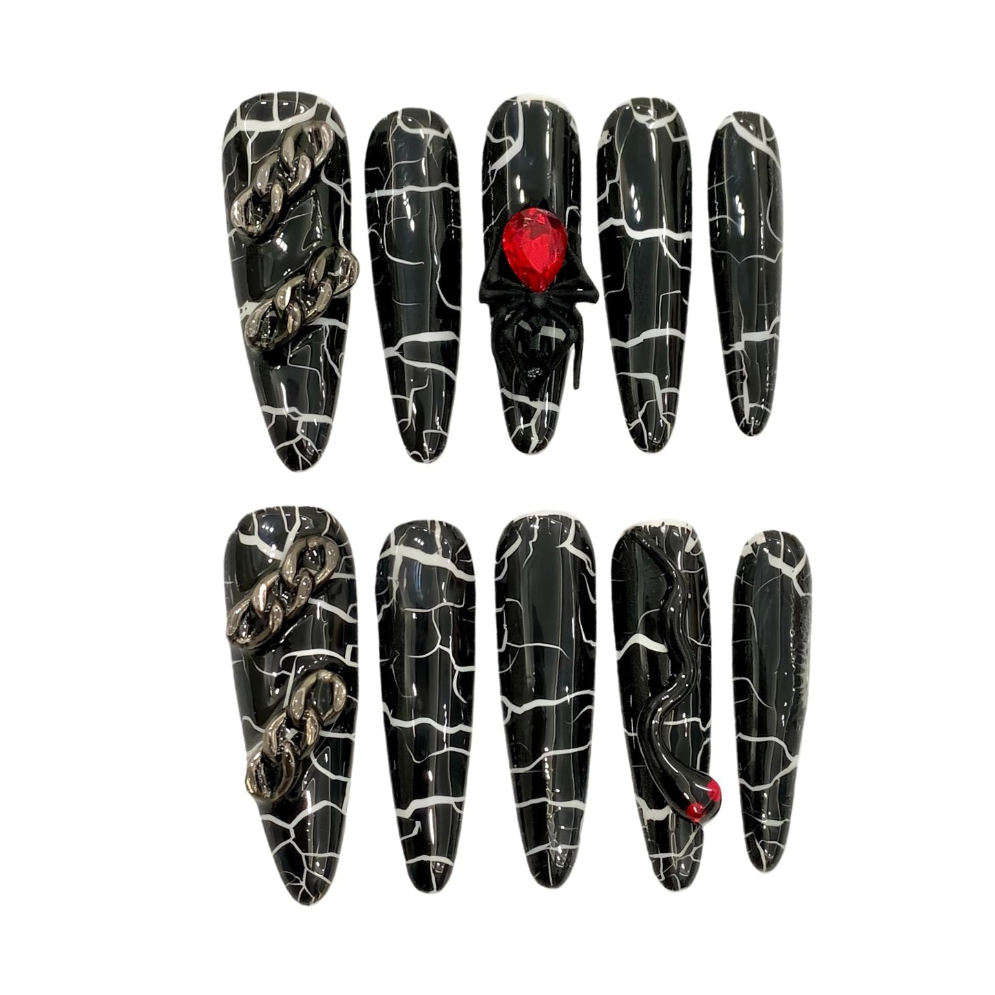 Tesytto Gothic Press on Nails Long Almond - Edgy Black Cracked Nail Art with 3D Spider & Snake Charms, Multi-Layer Gel Reusable Acrylic Nails for Halloween (Nightfall Nymph,M)