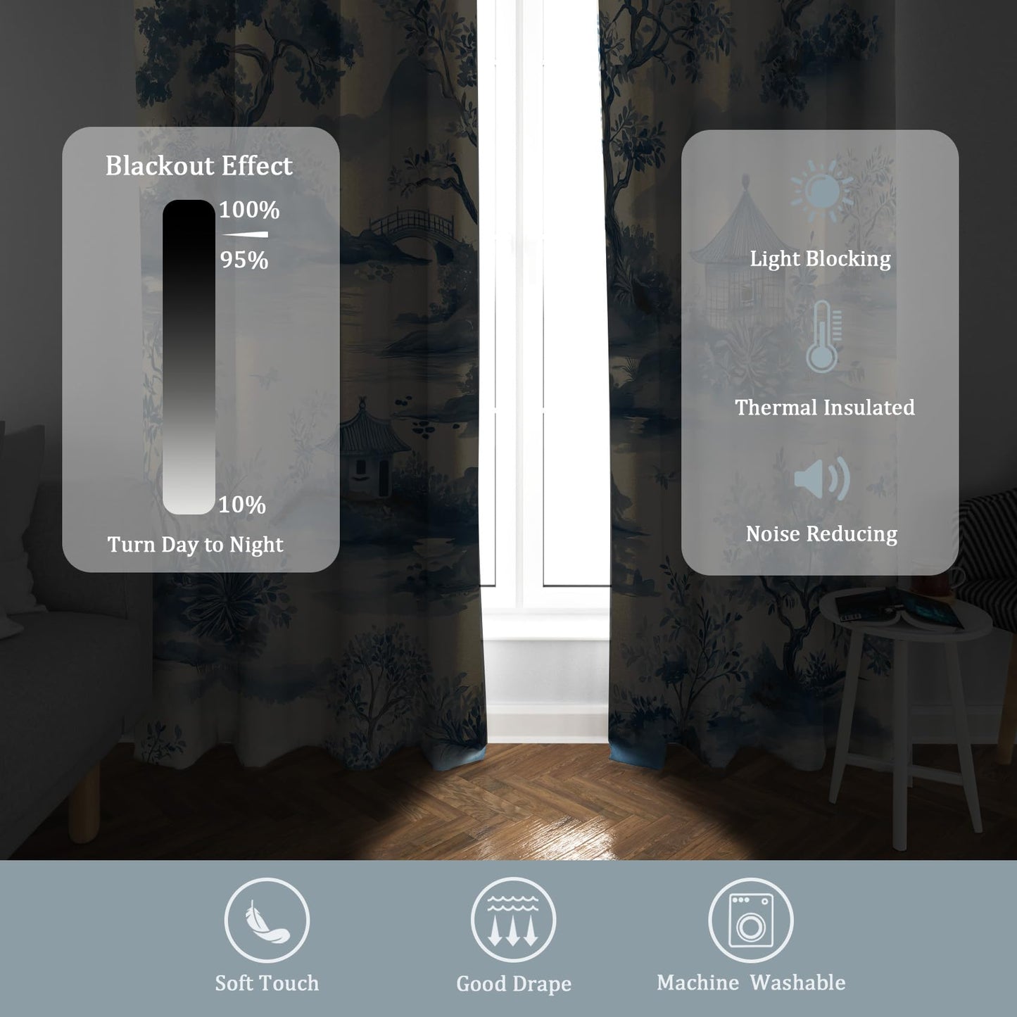 Chinese Asian Curtains for Bedroom Kitchen, 39 Inch 2 Panels, Chinoiserie Landscape Printed Pattern, 95% Blackout Window Drapes for Living Room, Chinese Home Decor, Grommet Top GR41