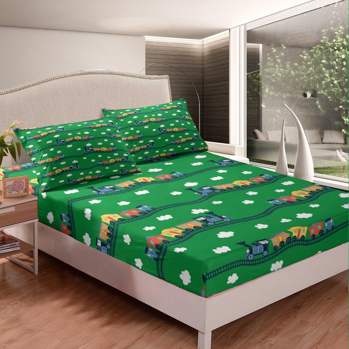 Erosebridal Locomotive Train Sheet Set Queen,Cartoon Steam Engine Truck Sheets for Boys Girls Colorful Railway Car Vehicles Bed Sheets Set with 2 Pillowcases