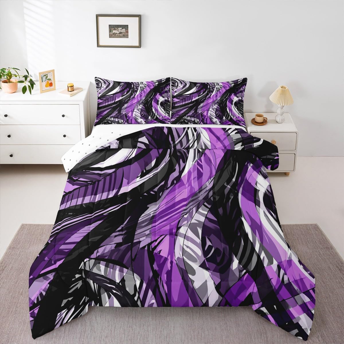 jejeloiu Modern Abstract Comforter Full Size Purple Stripes Black Gray Comforter Set for Boys Girls Adults Retro Spiral Geometric Bedding Set Room Decor Quilt 3Pcs Boys