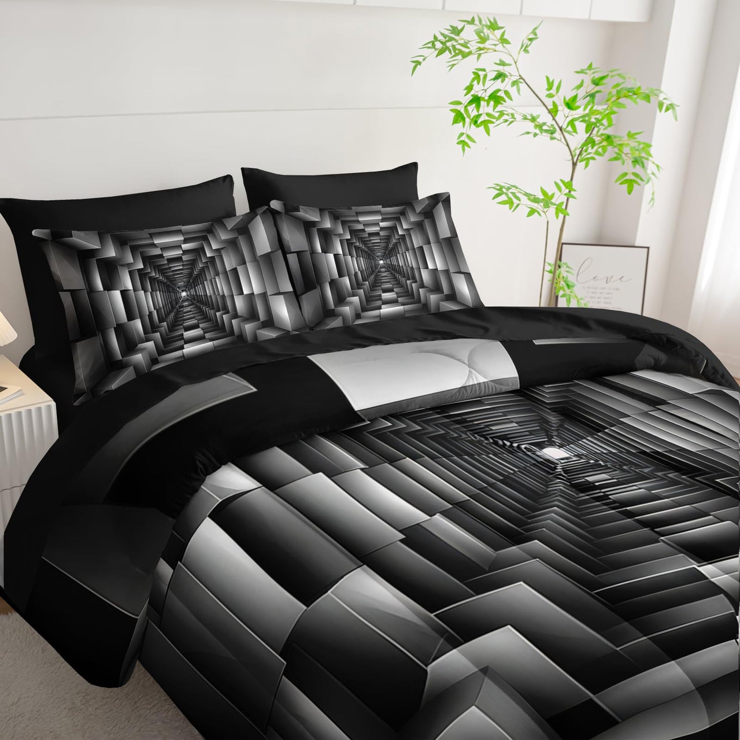lneffble 7 Piece Black and White Checkered Comforter Set Queen，Geometric Bedding Set Boys，Geometric Bedroom Decor，(1 Comforter, 1 Flat Sheet, 1 Fitted Sheet, 2 Pillowcase and 2 Pillow Sham)