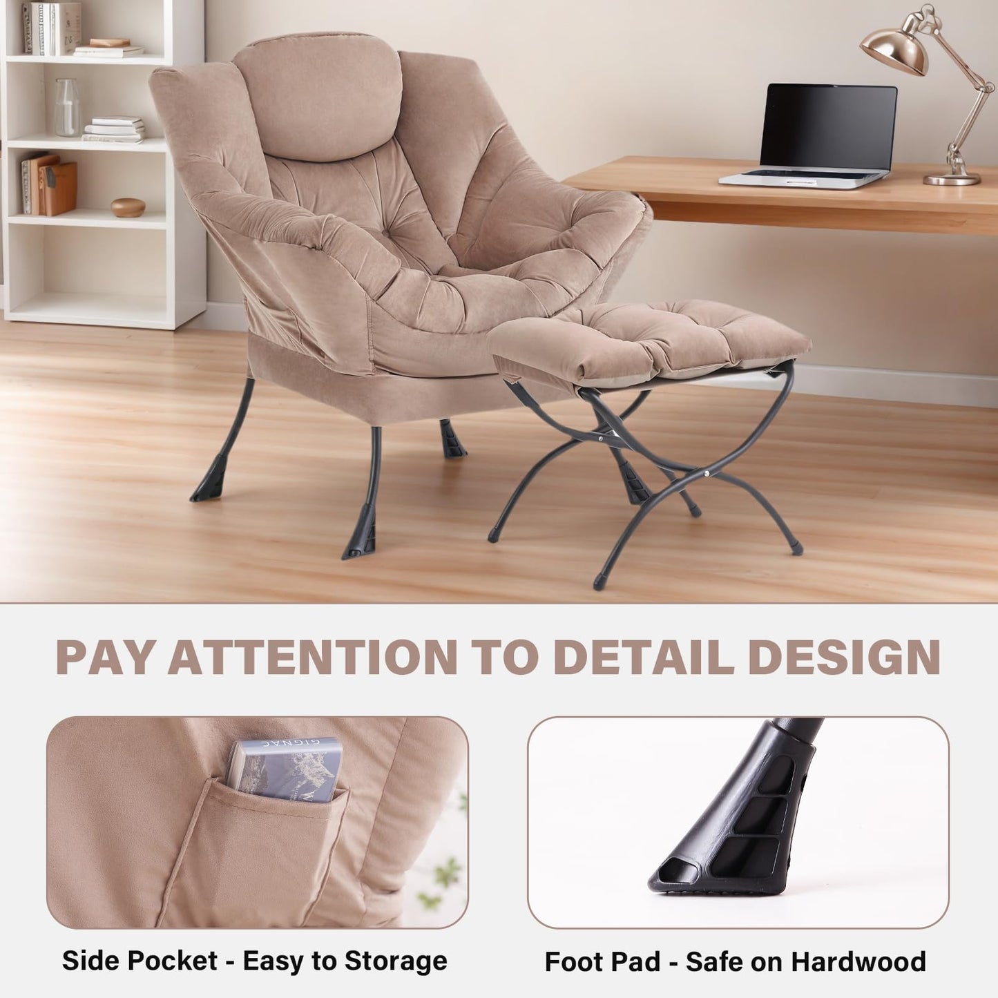 Tiita Lazy Chair with Ottoman, Khaki Modern Large Accent Chair, Comfy Leisure Sofa Armchair with Ottoman, Reading Chair with Footrest for Bedroom, Living Room, Dorm Rooms, Velvet Khaki