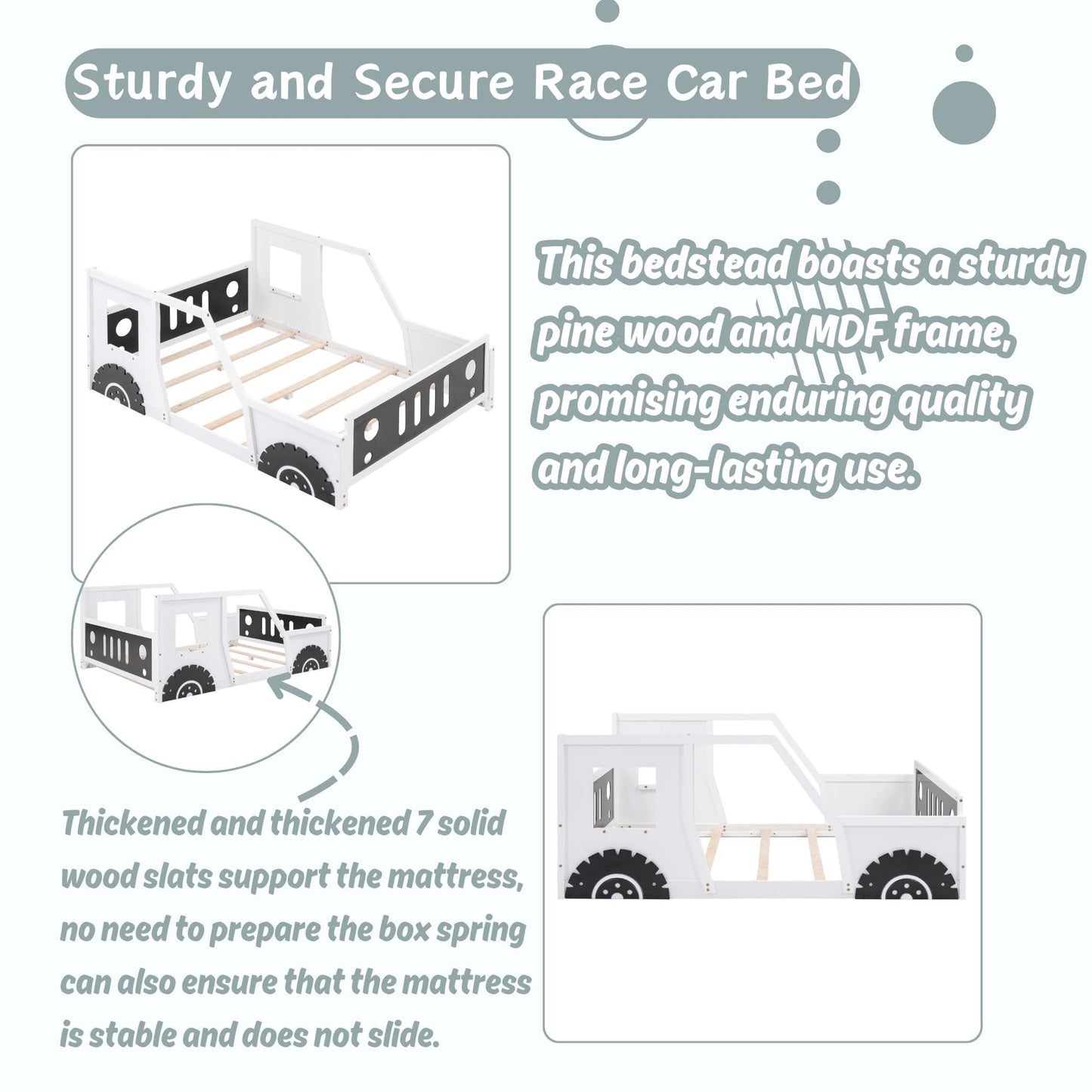 Bellemave Twin Size Car Bed, Classic Car-Shaped Platform Bed with Wheels, Wood Twin Montessori Floor Bed for Kids Boy Girls (White+Black)