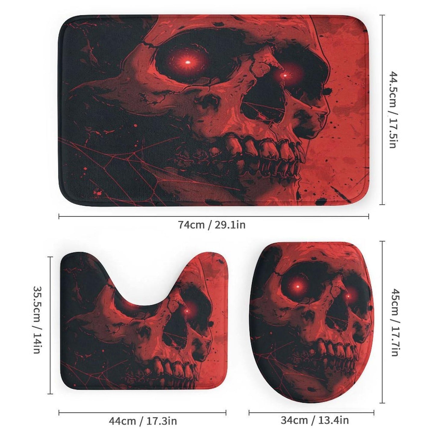 TOWINSFB 4Pcs Halloween Creepy Skull Shower Curtain Set with Toilet Lid Cover Non-Slip Rugs for Bathroom, Fantasy Red Gothic Skeleton Cobweb Shower Curtain Bathroom Sets with Hooks, 72x72 Inch