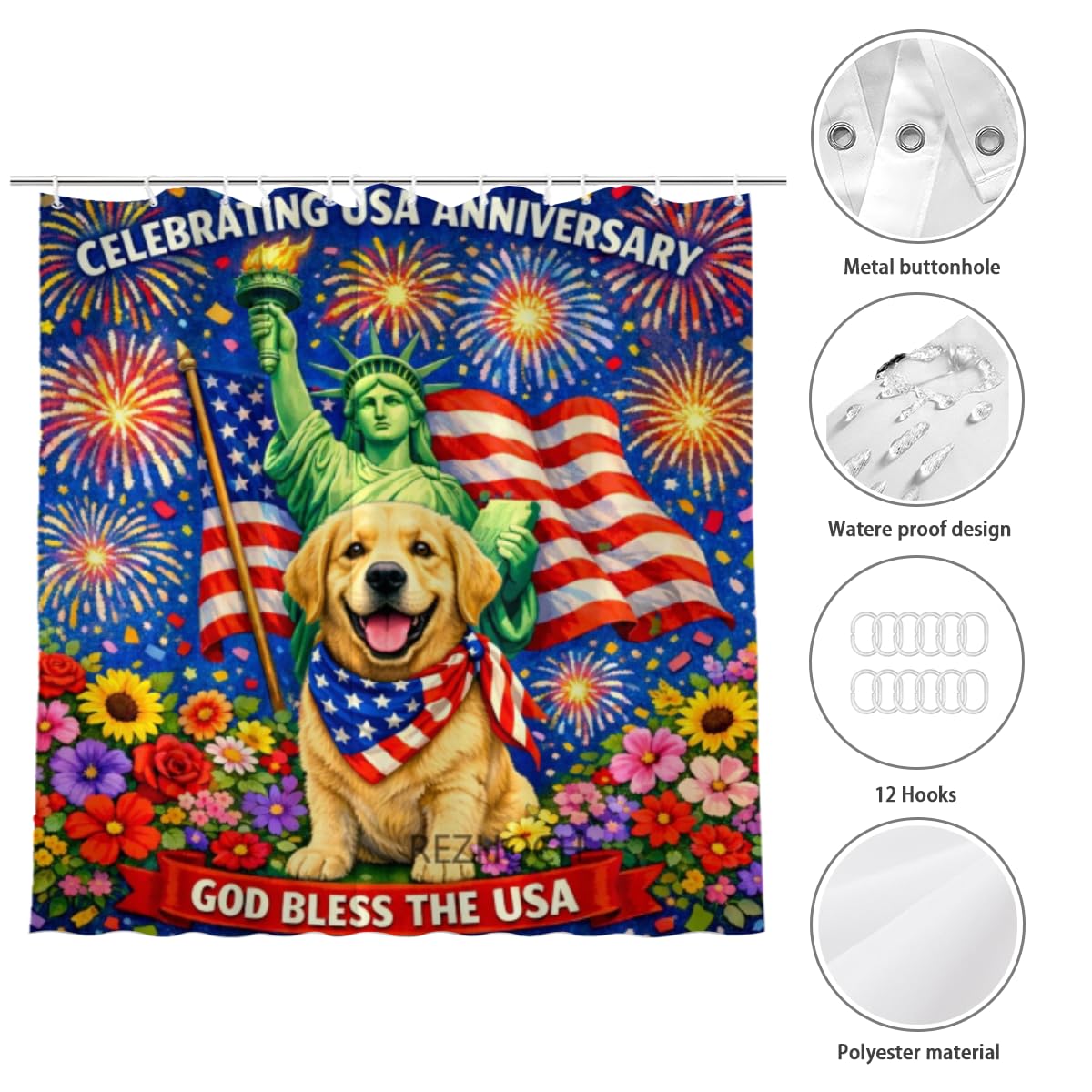 REZHOCH Patriotic Golden Retriever Shower Curtain 72x72Inch,USA Flag Liberty Statue Red White Blue Cute Animal Fireworks Bathroom Decor,Independence Day Waterproof Fabric Bath Curtain