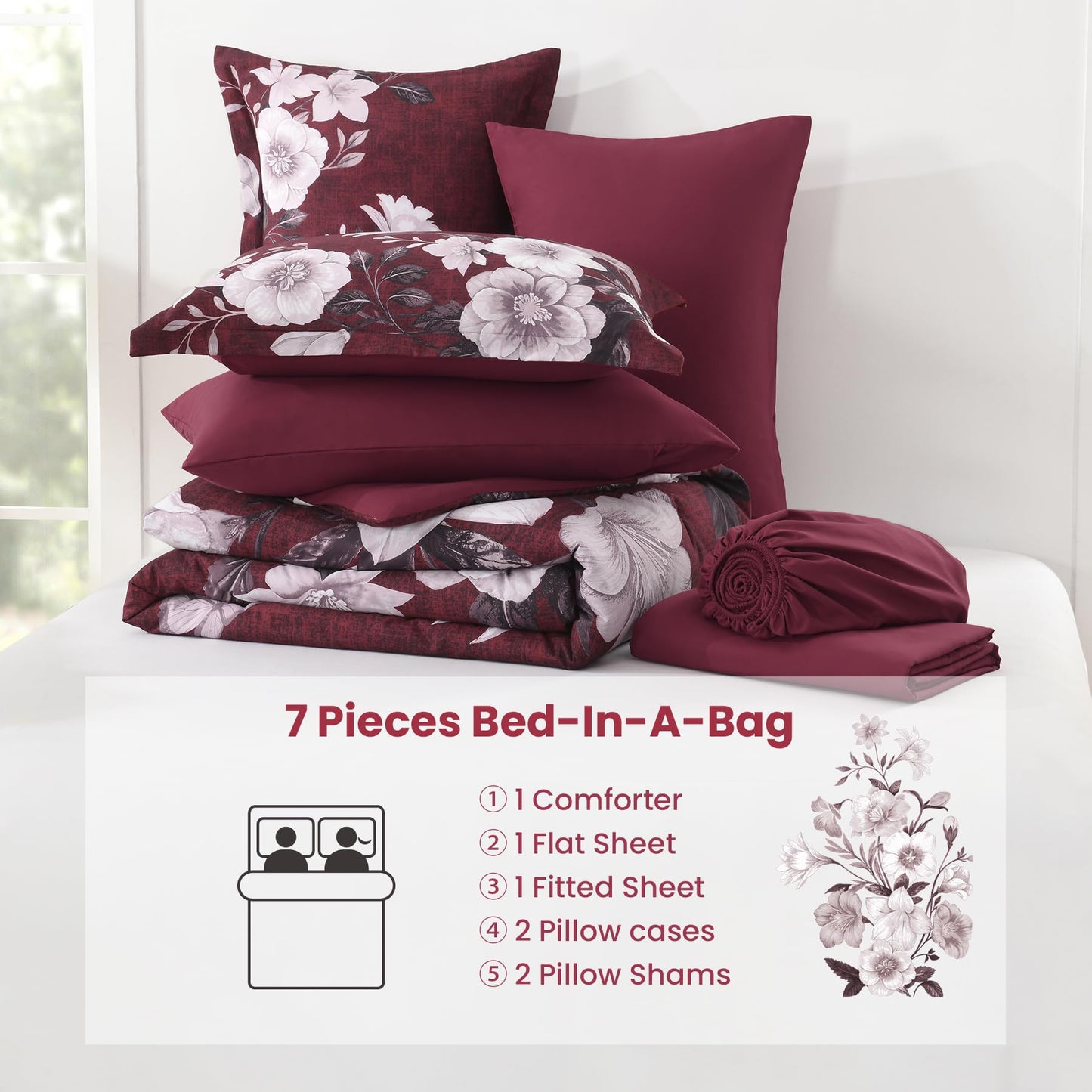 DHSFKBE Floral Comforter Set Queen Size, 7 Pieces Burgundy Bed in a Bag, Elegant Floral Butterfly Comforter and Sheet Set, Soft Microfiber Bedding Set for All Seasons(Burgundy,90"x90")