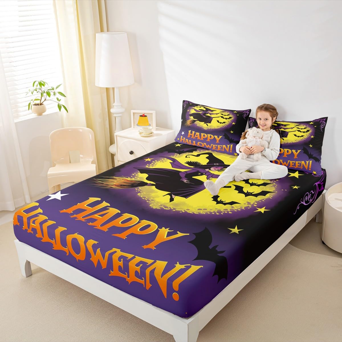 Feelyou Happy Halloween Fitted Sheet Full Size for Kids Boys Girls Magic Broom Bed Sheets Set 16" Deep Pocket Soft Breathable Microfiber Witch Bedding with 2 Pillowcases Halloween Decor Room Decor