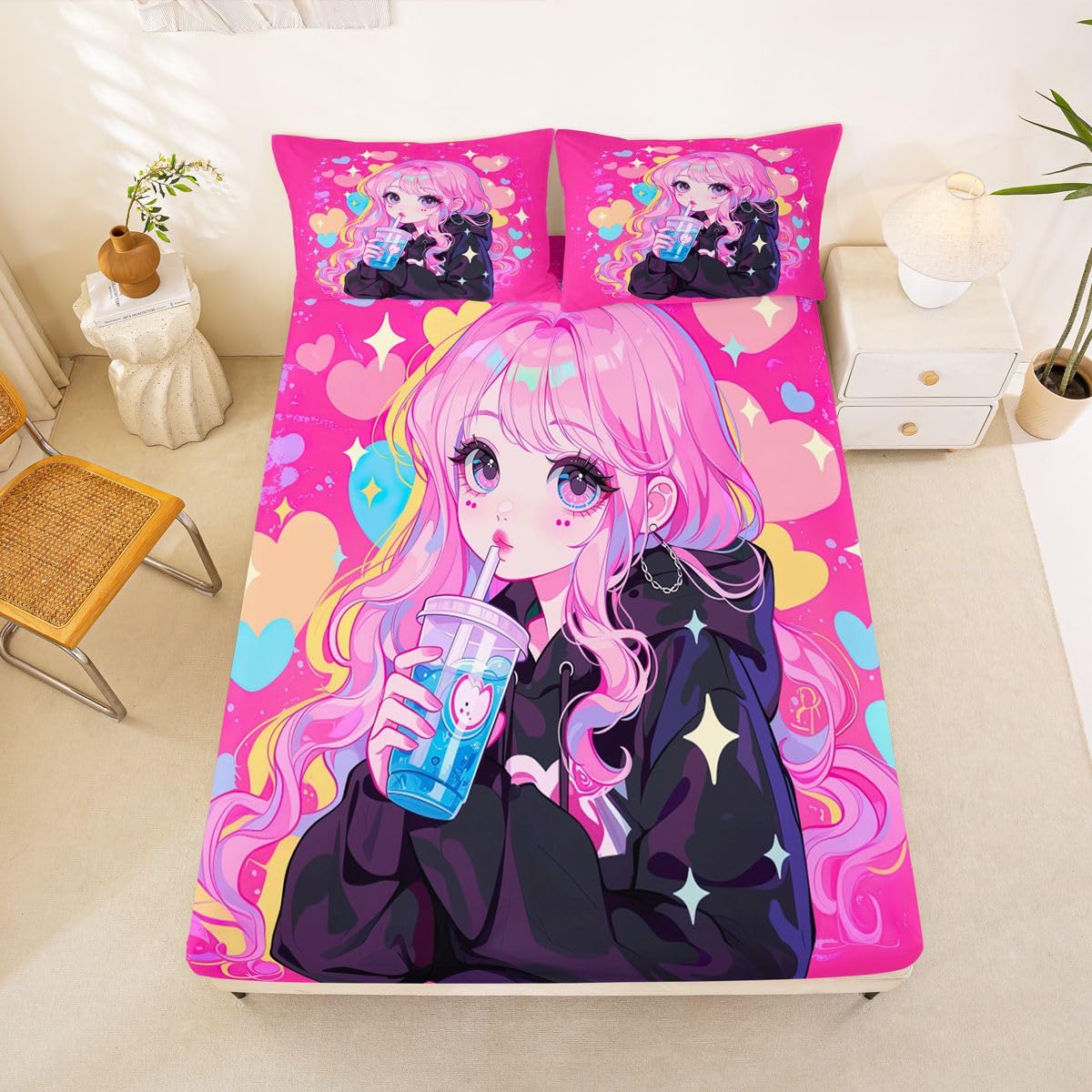 Erosebridal Preppy Girls Sheets for Boys Girls Kawaii Japanese Girl Drinking Water Fitted Sheet,Coquette Girl with Colorful Curly Hair Kids Bedding Sets Pink Anime Gifts Bed Sets Queen 3 Piece