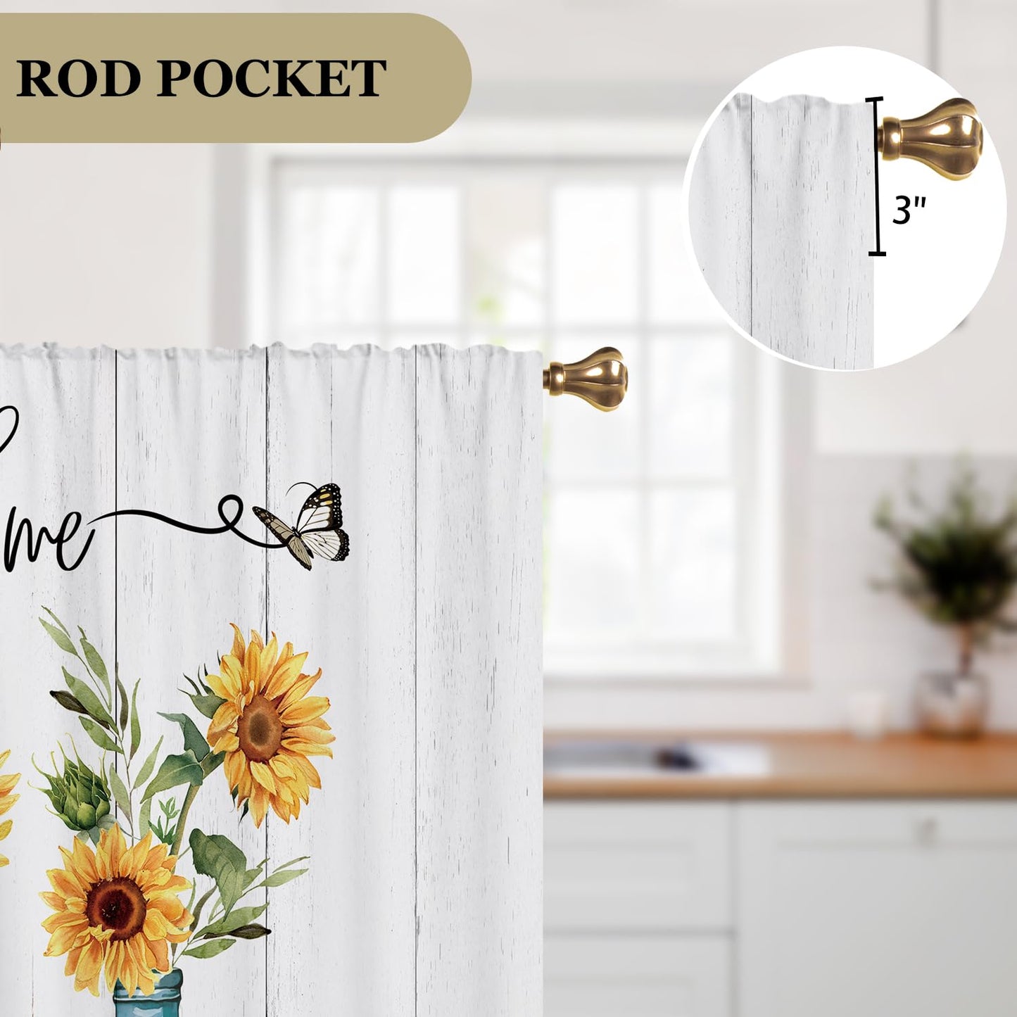Cizuug Farmhouse Sunflower Kitchen Curtains Rustic Flower Inspirational Small Short Cafe Window Curtains Wooden Country Bathroom Living Room Bedroom Drapes Treatment 2 Panels