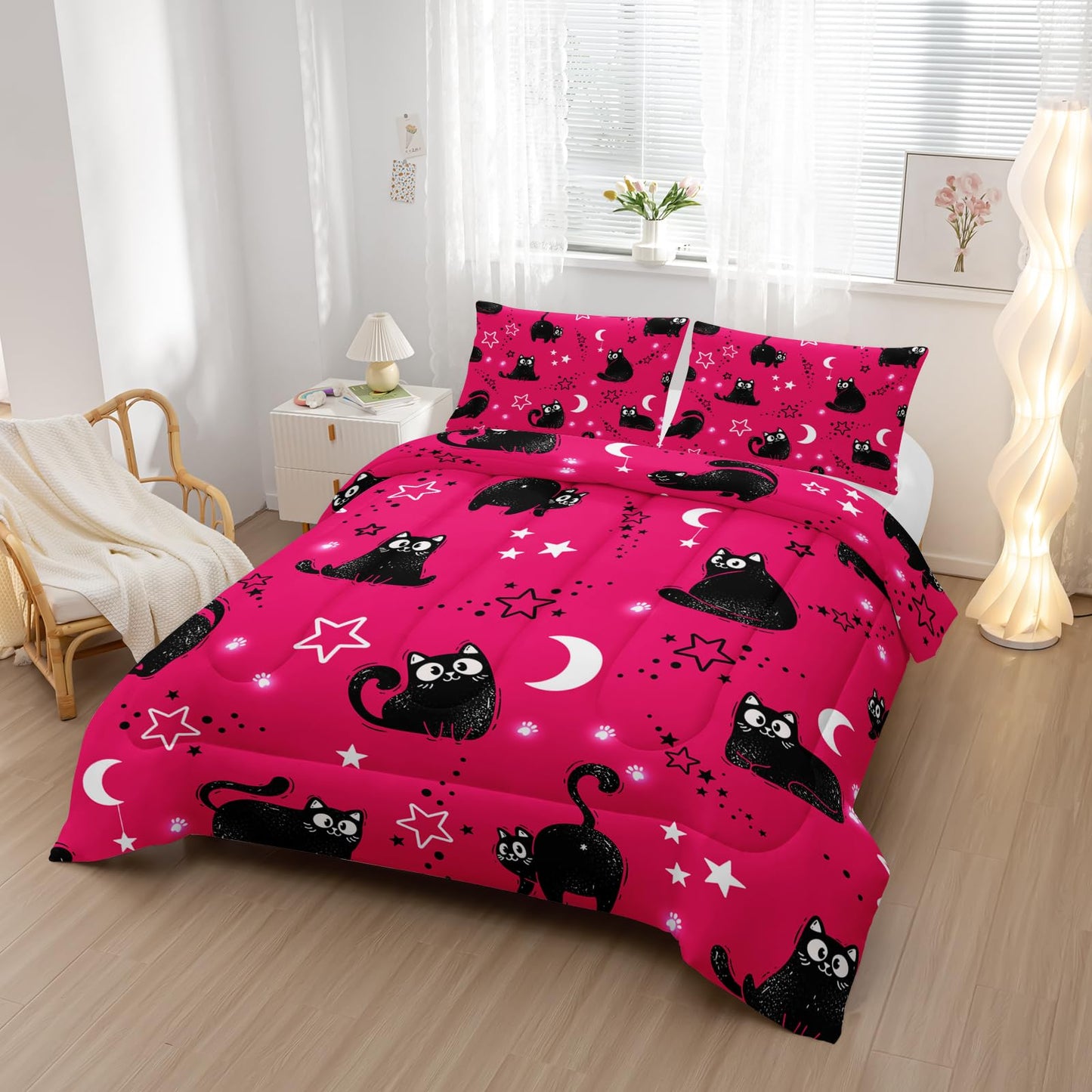 Nttopship Pink Cartoon Cat Comforter Twin Size,Black Cats Moon Night Starry Sky Quilt Set for Girls Boys Teens Animals Print Room Decor Soft Microfiber Comforter and 2 Pillowcases