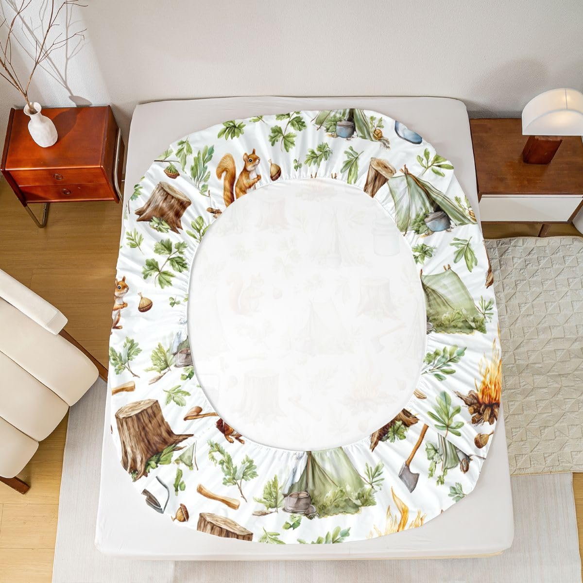 Cartoon Camping Fitted Sheets Full Size (No Flat),Campsite Tent Bonfire Bedding Set 3Pcs,Kids Teens Woman Room Decor,Squirrel and Pine Tree Bed Sheet Rustic Brown Green Deep Pocket Sheet,2 Pillowcases