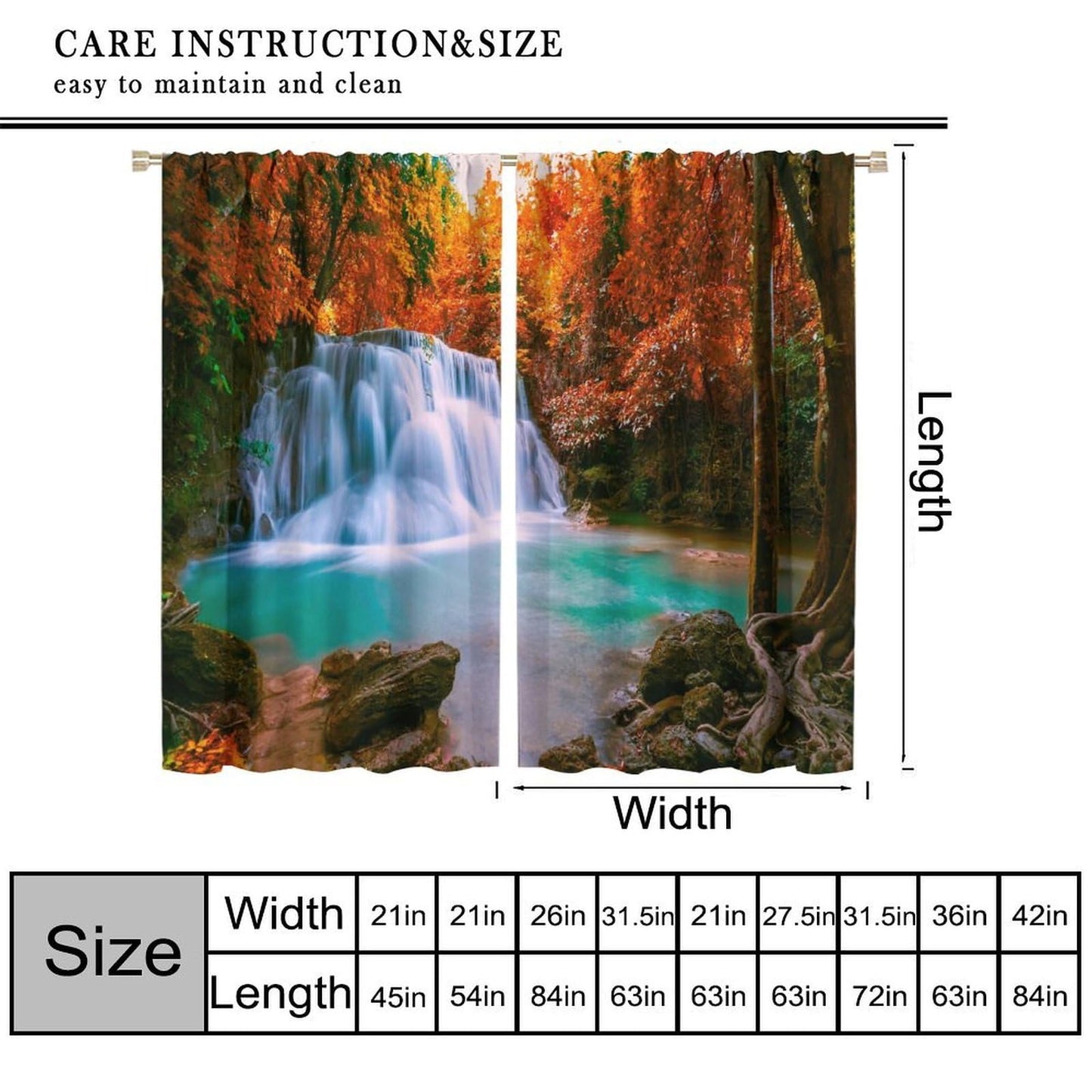 GoDazzling Autumn Forest Waterfall Blackout Curtains, Fall Leaves Trees Jungle Country Nature Landscape Window Drapes, for Bedroom Living Room 42" W X 45" L