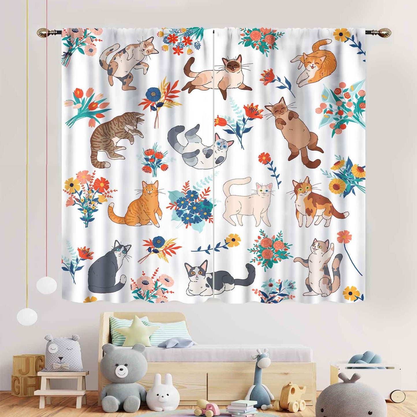 Cute Cat Curtains, Funny Kawaii Floral Kitten Watercolor Colorful Aesthetic Art Print Blackout Window Drape Treatments for Boys Kids Girls Cat Lovers Bedroom Living Room 2 Panels Set, 42"x45" Inch