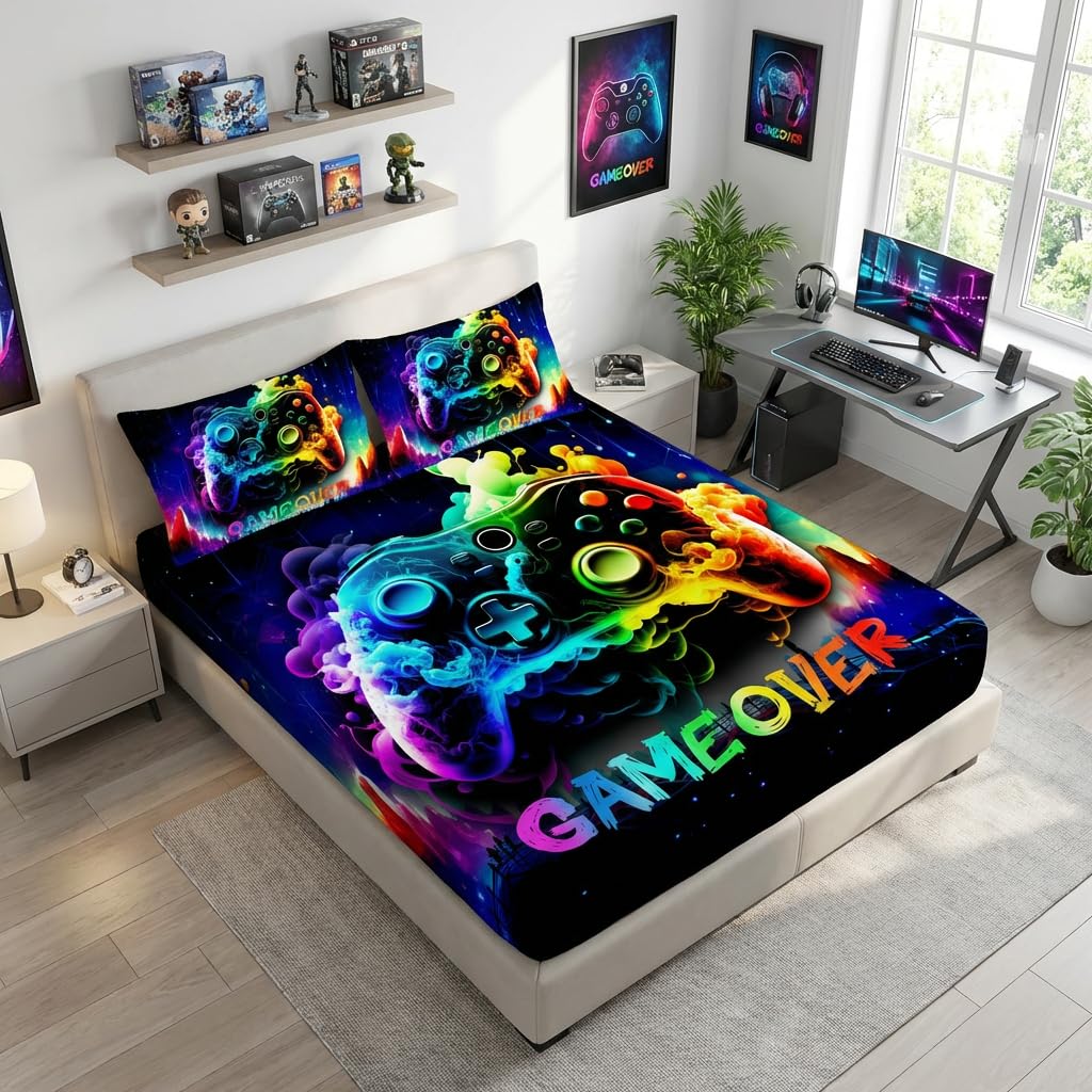 AILONEN Boys Gamer Gamepad Fitted Sheet Set Twin Size, Video Game Bedding Set for Kids Teens Boys Girls,Rainbow Fume Bed Sheet + 2 Pillowcases,3-Pieces