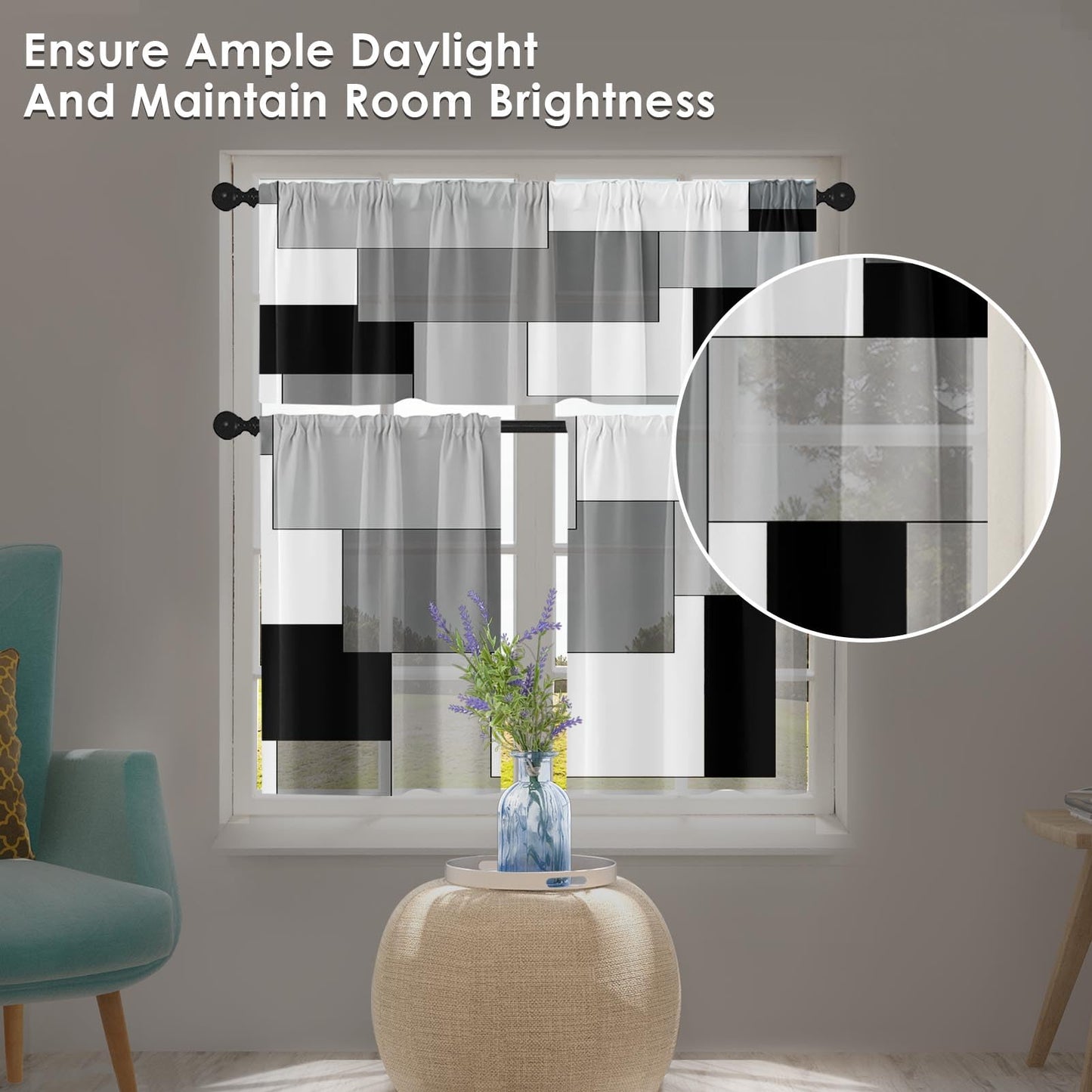 Tayney Black White Gray Kitchen Window Curtains Valance and Tier Set 36 Inch, Dark Grey Modern Geometric Rod Pocket Short Tier Curtain for Bathroom, Small Cafe Drapes for Kitchen Decor