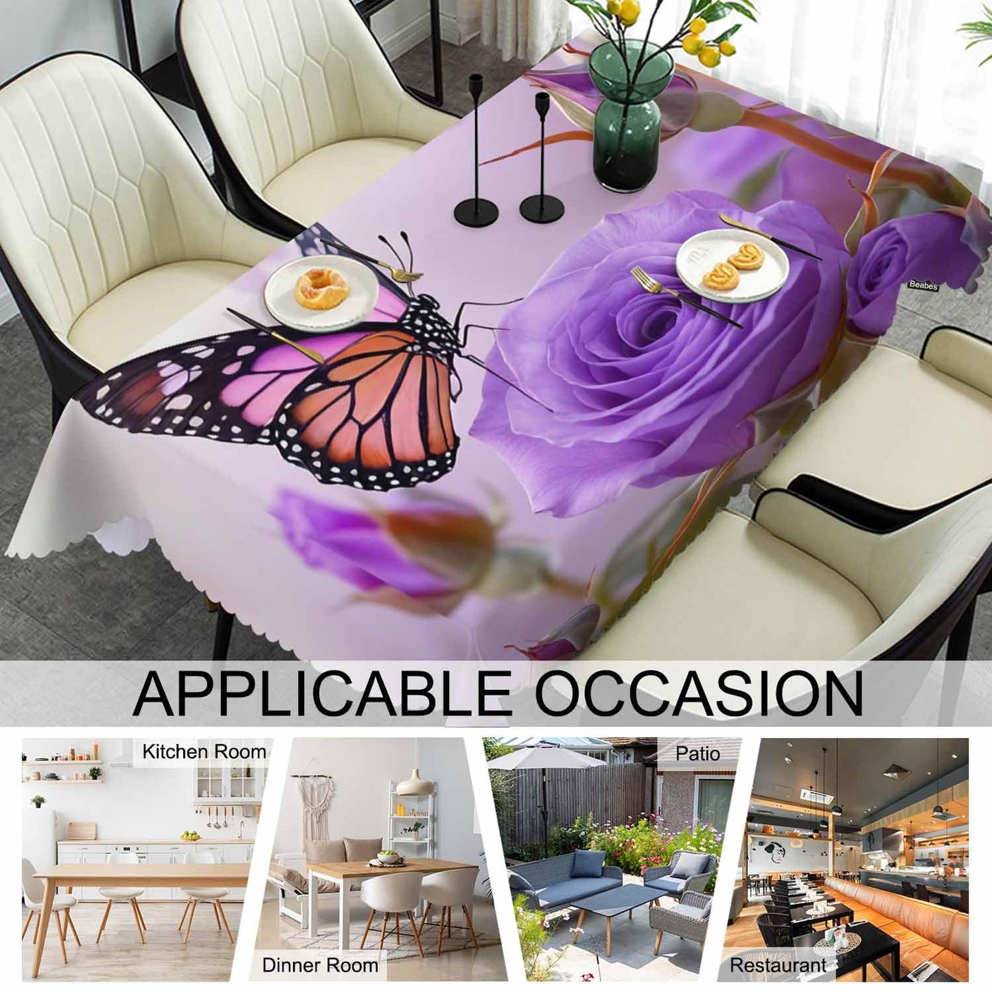Beabes Tablecloth Butterfly 52 X 70 Inch, Roses Butterfly Purple Oblong Table Cloths Anti-Shrink Decorative Table Cover for Kitchen Dinning Tabletop Outdoor Picnic BBQ
