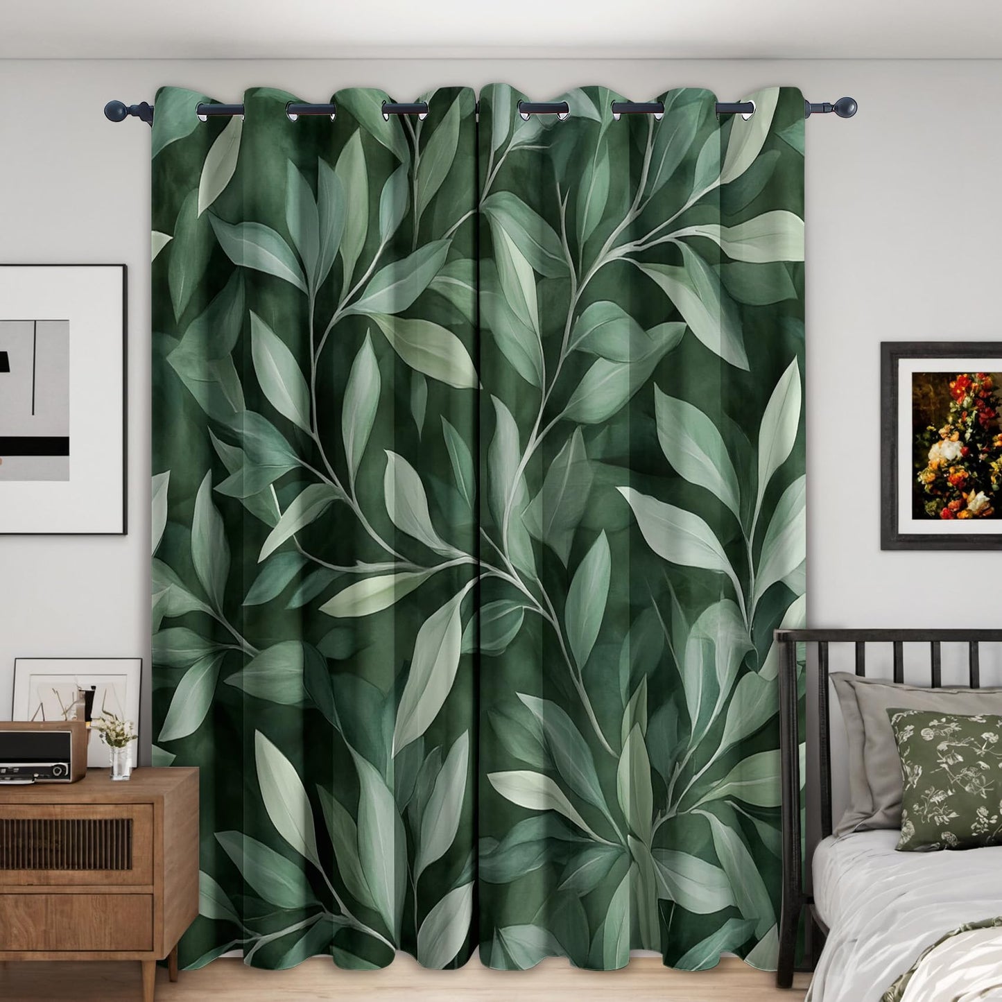 MOBEITI Leaf Curtains for Living Room - Green Leaf Curtain for Bedroom Living Room, Leaves Window Curtains, Botanical Home Decor Drapes 2 Panel Sets, Grommet Black Out Curtain 63 Inch Long