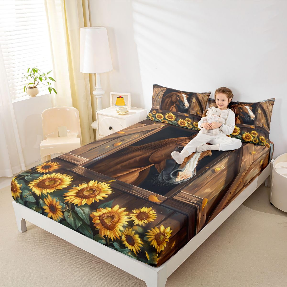 jejeloiu Farm Horse Bed Sheets Set Queen Size Brown Wood Grain Print Bed Set for Kids Boys Girls Sunflower Animal Deep Pocket Fitted Sheet Country Farmhouse Breathable Soft Lightweight Microfiber
