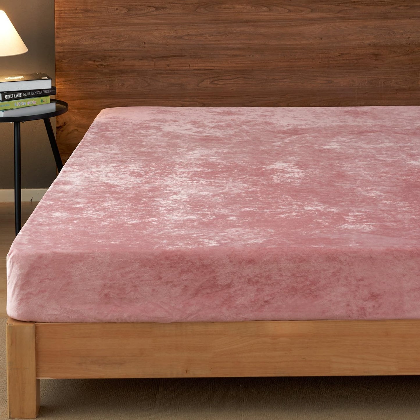 PHF Truly Velvet Fitted Sheet Only Queen Size, Luxury Super Soft Cozy Fuzzy Fleece Bottom Sheet, Deep Pocket Up to 16",Strenghth Elastic Band, Suitable for Fall Winter Spring, No Pillowcases, Pink