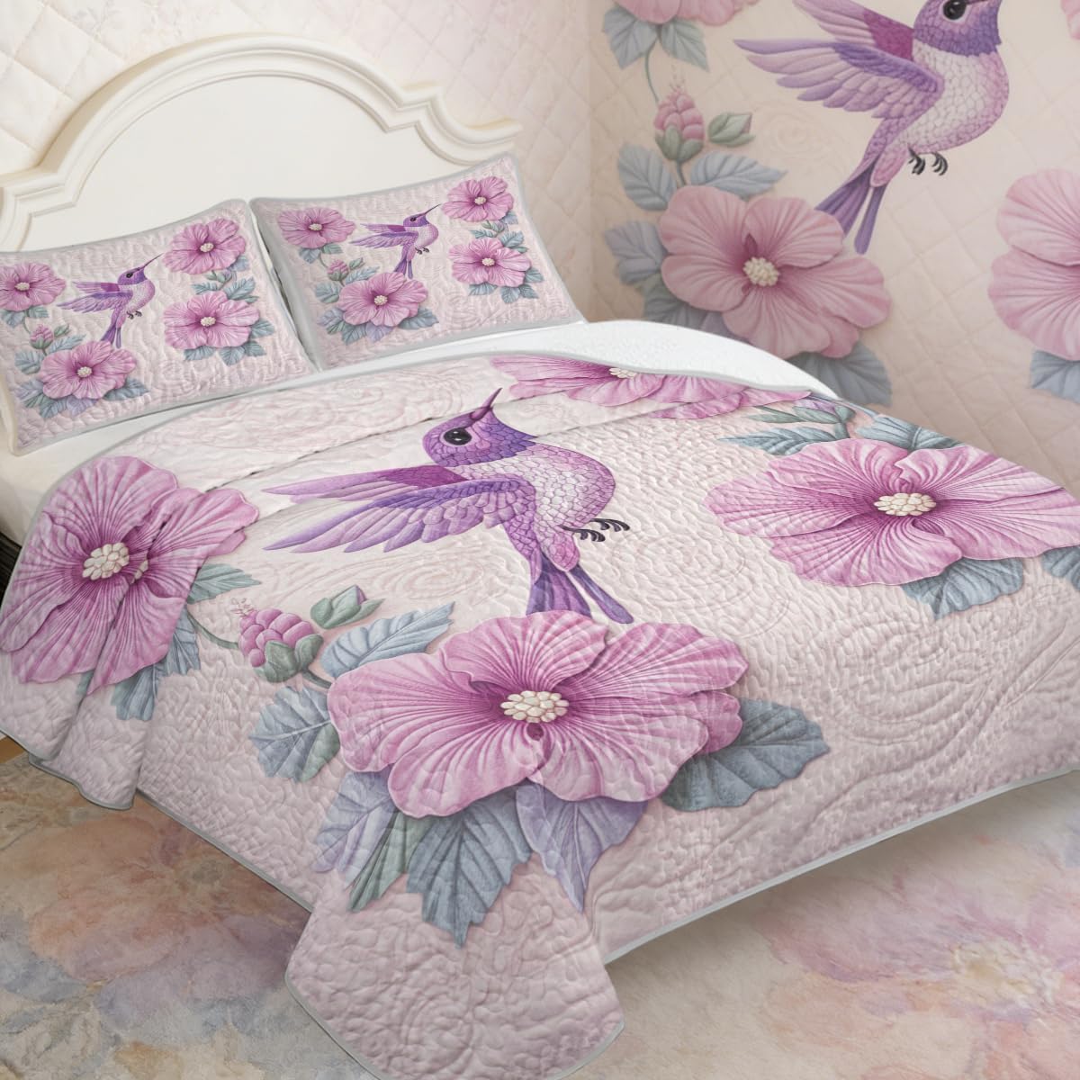 ARIGHTEX Flower Bird Quilt Set Queen Size Floral Heart Hummingbird Bedding Set Lightweight Botanical Quilt Soft Microfiber Bedspread Romantic Coverlet Set with Pillow Shams