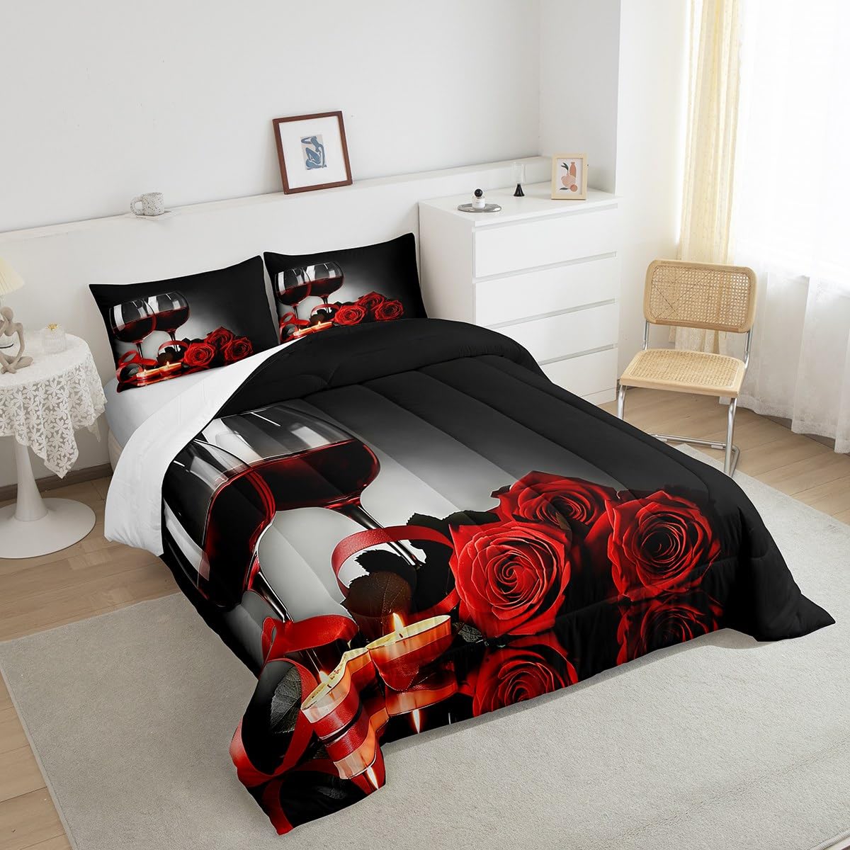 Erosebridal Rose Wine Glass Comforter Set for Girls Red Black Rose Bedding Set King Size Floral Blossom Quilt Set Banquet Flower Romantic Valentine's Day Duvet Set, Women Men Adult Grey Comforter Set
